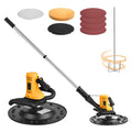 Electric concrete floor finisher with yellow motor and black float head, plus pad set