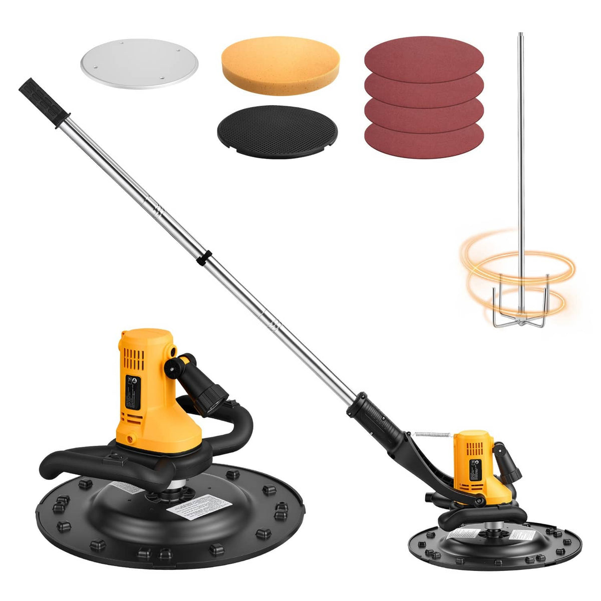 Electric concrete floor finisher with yellow motor and black float head, plus pad set