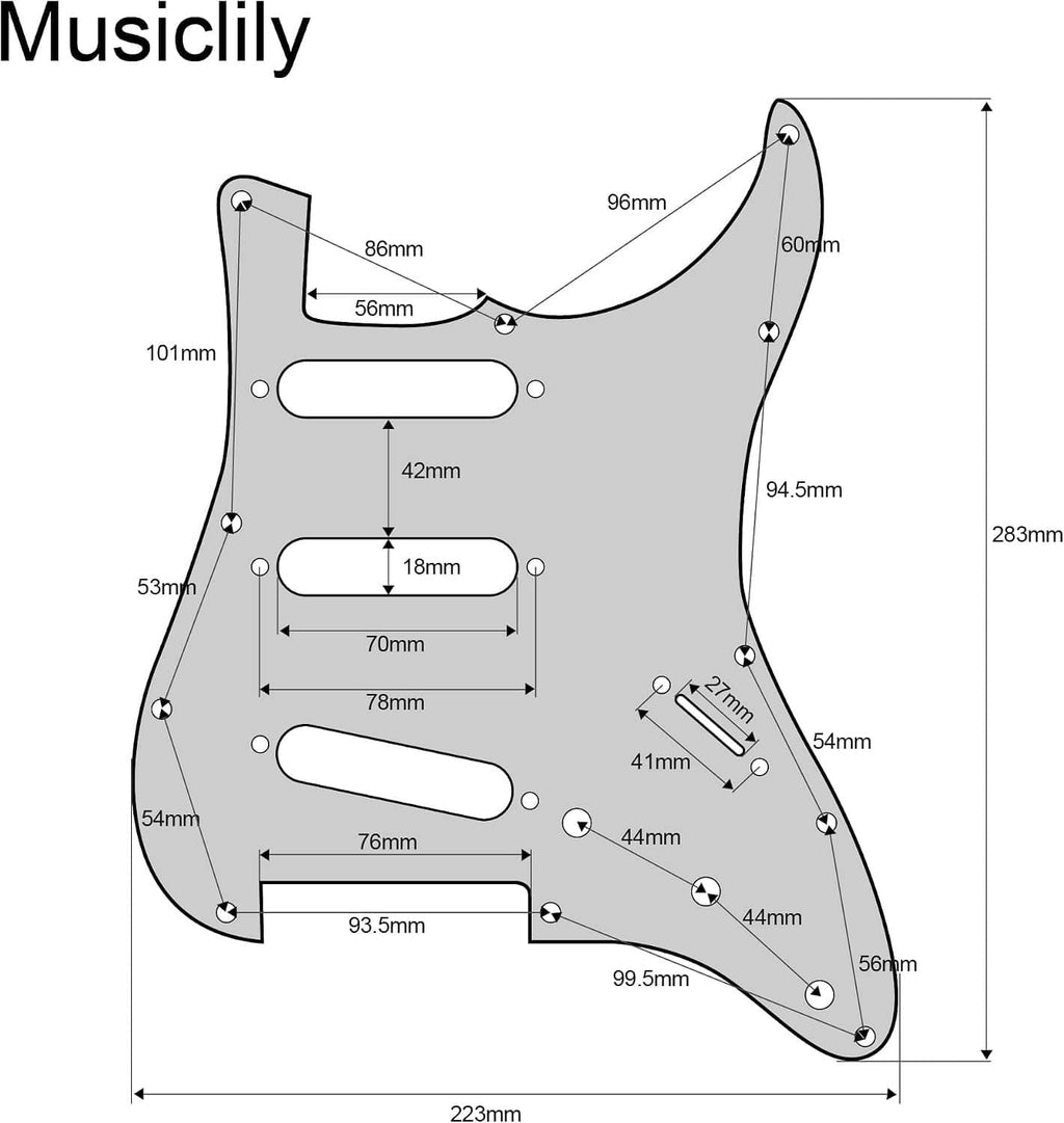 Strat-style pre-wired pickguard size diagram with pickup and control cutout measurements
