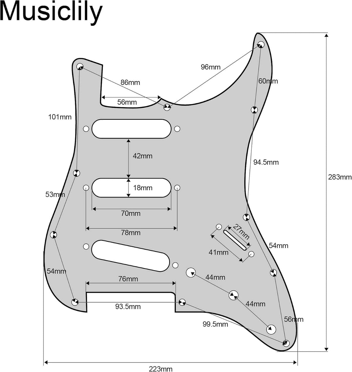 Strat-style pre-wired pickguard size diagram with pickup and control cutout measurements