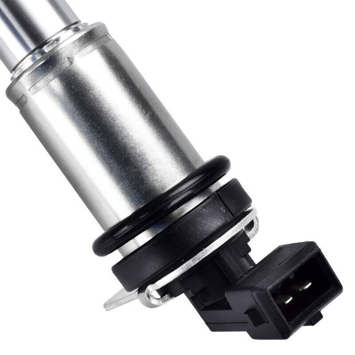 Close-up of variable timing solenoid electric connector and black seal ring on silver housing