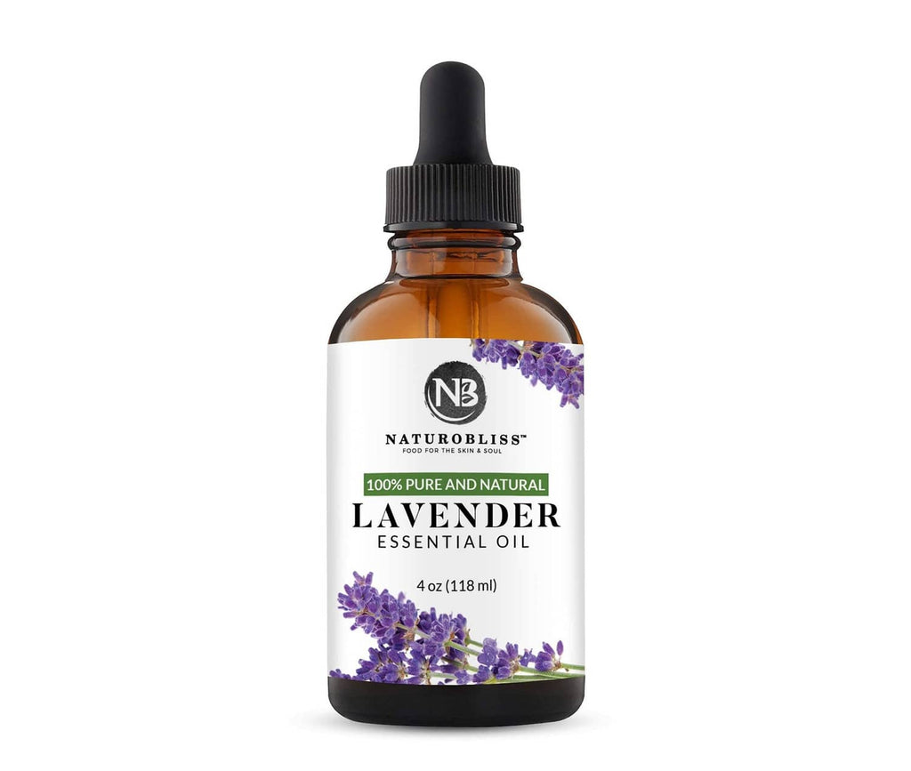 Lavender essential oil bottle with black dropper cap