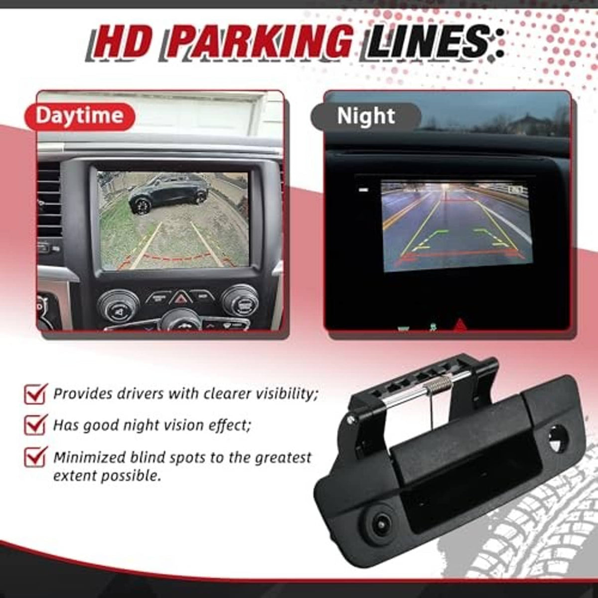 Rear tailgate handle camera with parking lines view on display