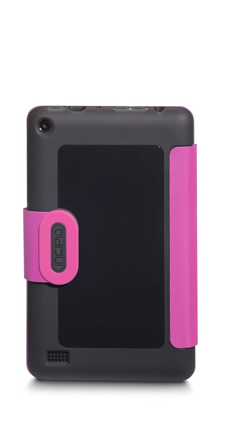 Incipio Clarion folio case with black back, pink side panel, and latch grip