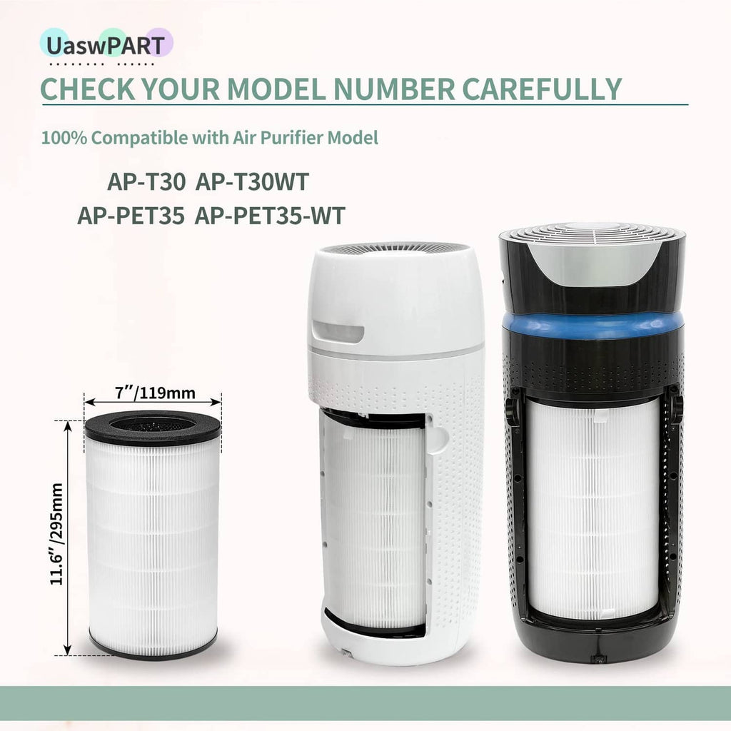 Cylindrical pleated replacement air filter with black rim and white filter media