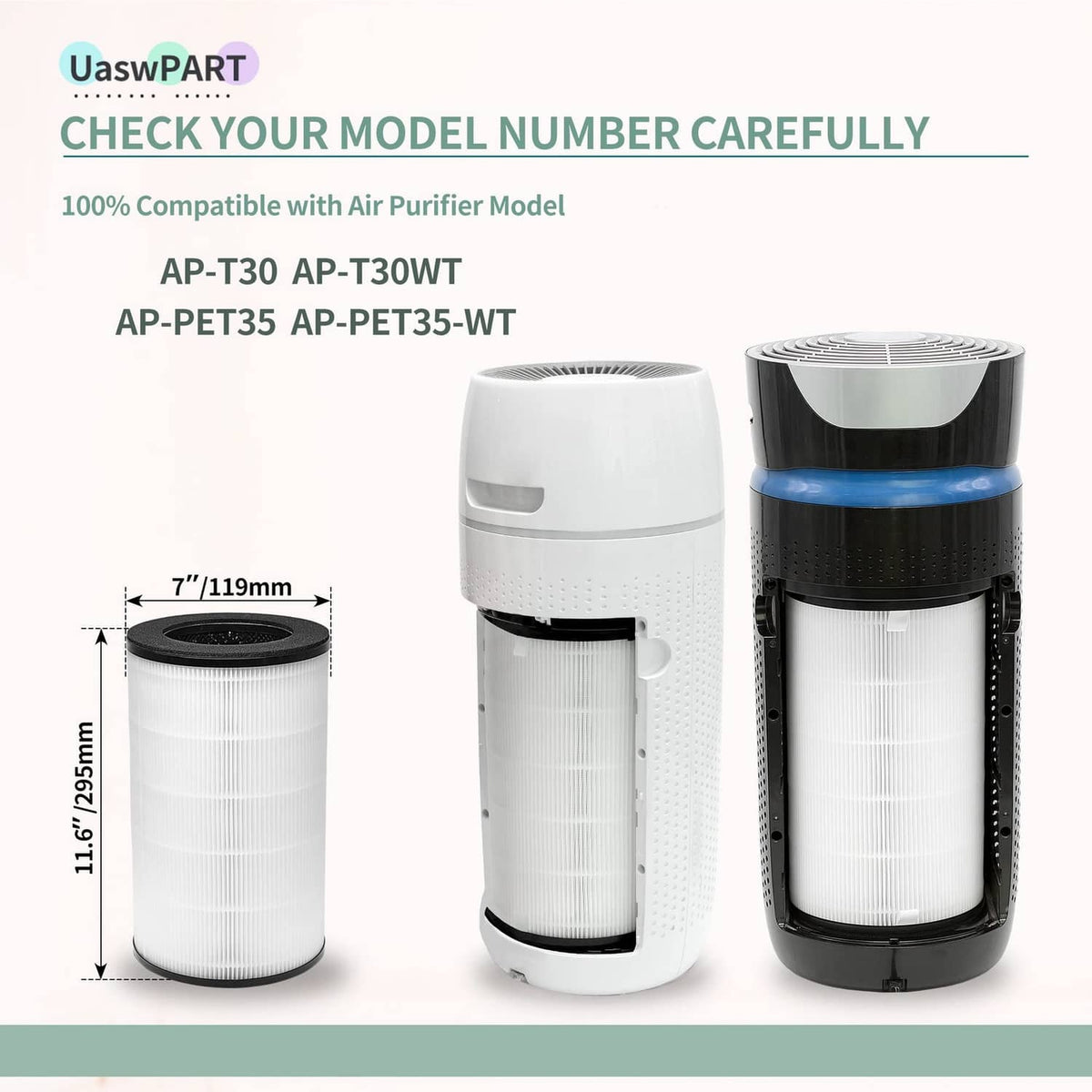 Cylindrical pleated replacement air filter with black rim and white filter media