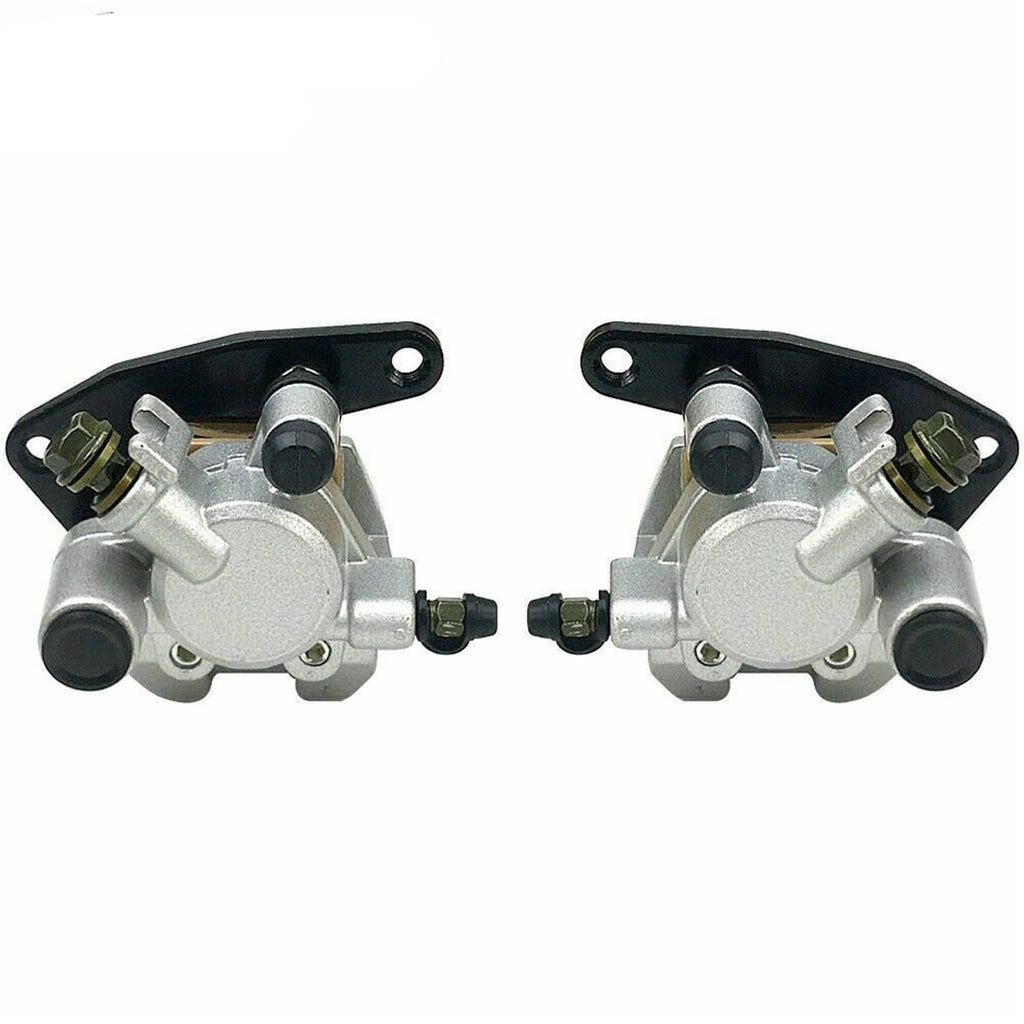 Pair of front brake calipers in silver metal with black rubber boots and mounting brackets