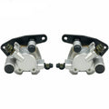 Pair of front brake calipers in silver metal with black rubber boots and mounting brackets