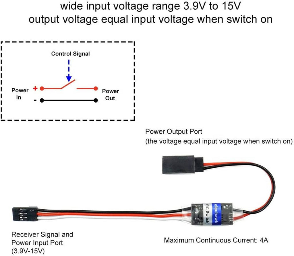 RC relay module with power in/out wires and receiver control signal connections