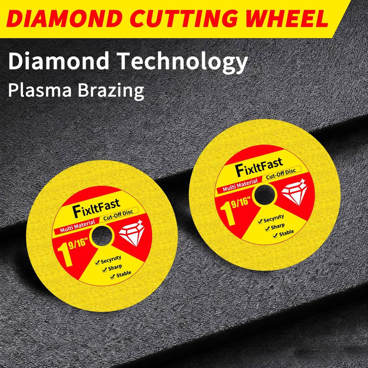 Two yellow cut-off discs with red center labels and 9/16-inch mounting holes