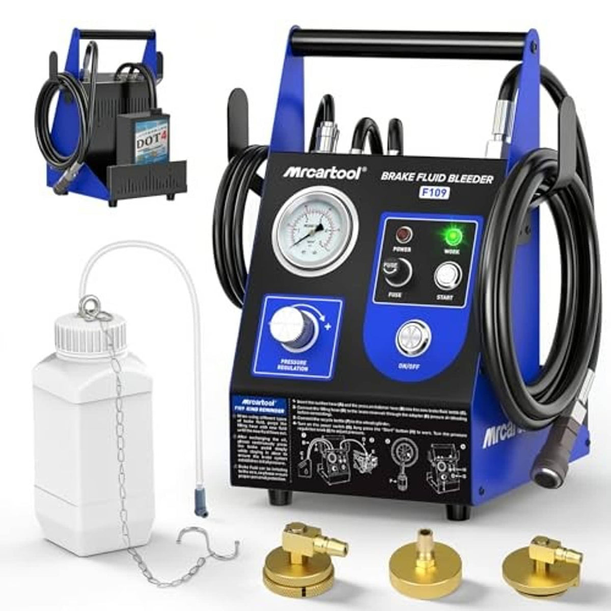 Electric brake fluid bleeder with front control panel, pressure gauge, hose, and fittings
