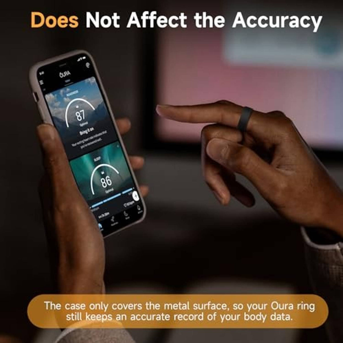 Oura ring cover case used while viewing ring data on a smartphone screen