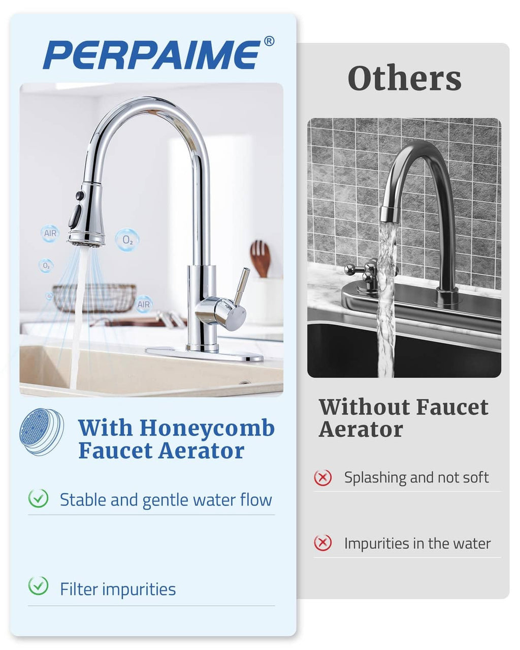 Chrome kitchen faucet spray head replacement with honeycomb style aerator