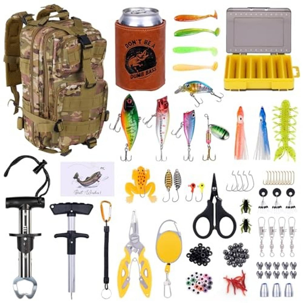 Camouflage fishing backpack gear kit with lures, tackle organizer case, and metal tools