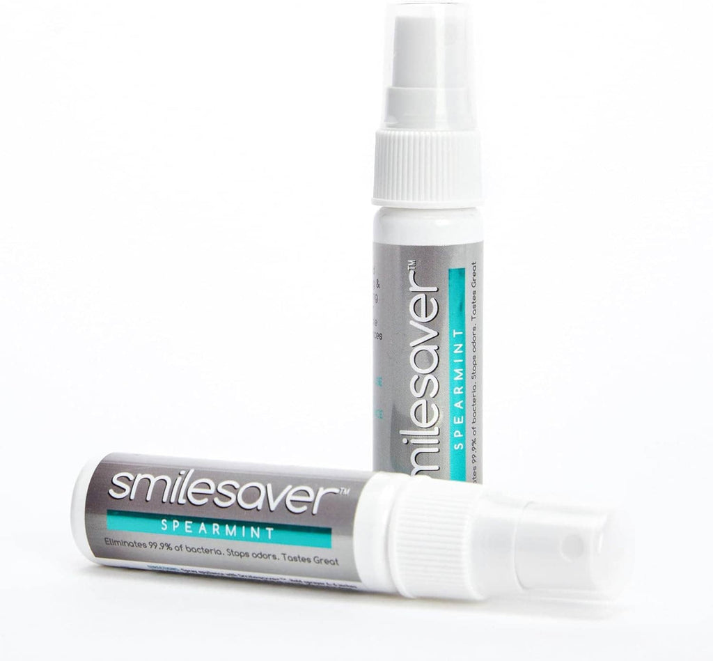 Smilesaver spearmint retainer cleaner spray bottles, front and side by side
