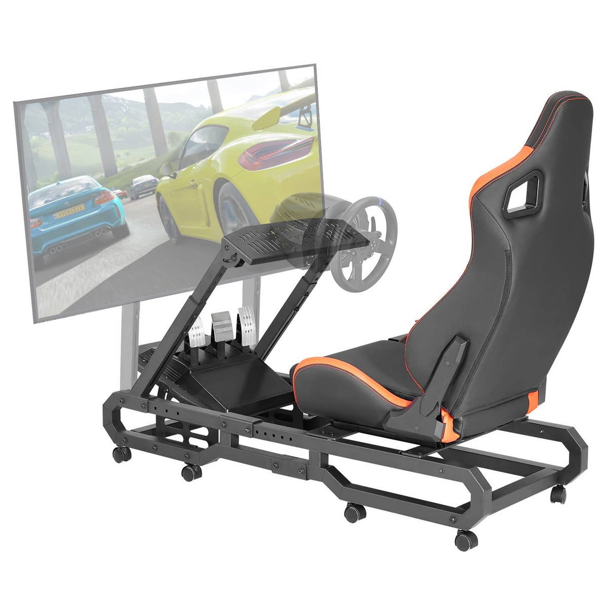 Black racing simulator wheel stand with black-and-orange padded seat, adjustable frame