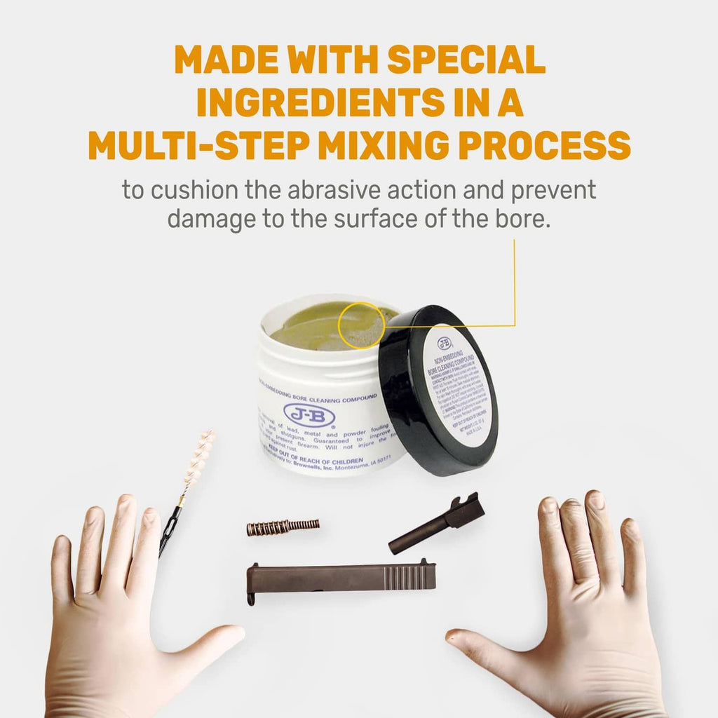 Non-embedding bore cleaning compound jar with included cleaning accessories laid out