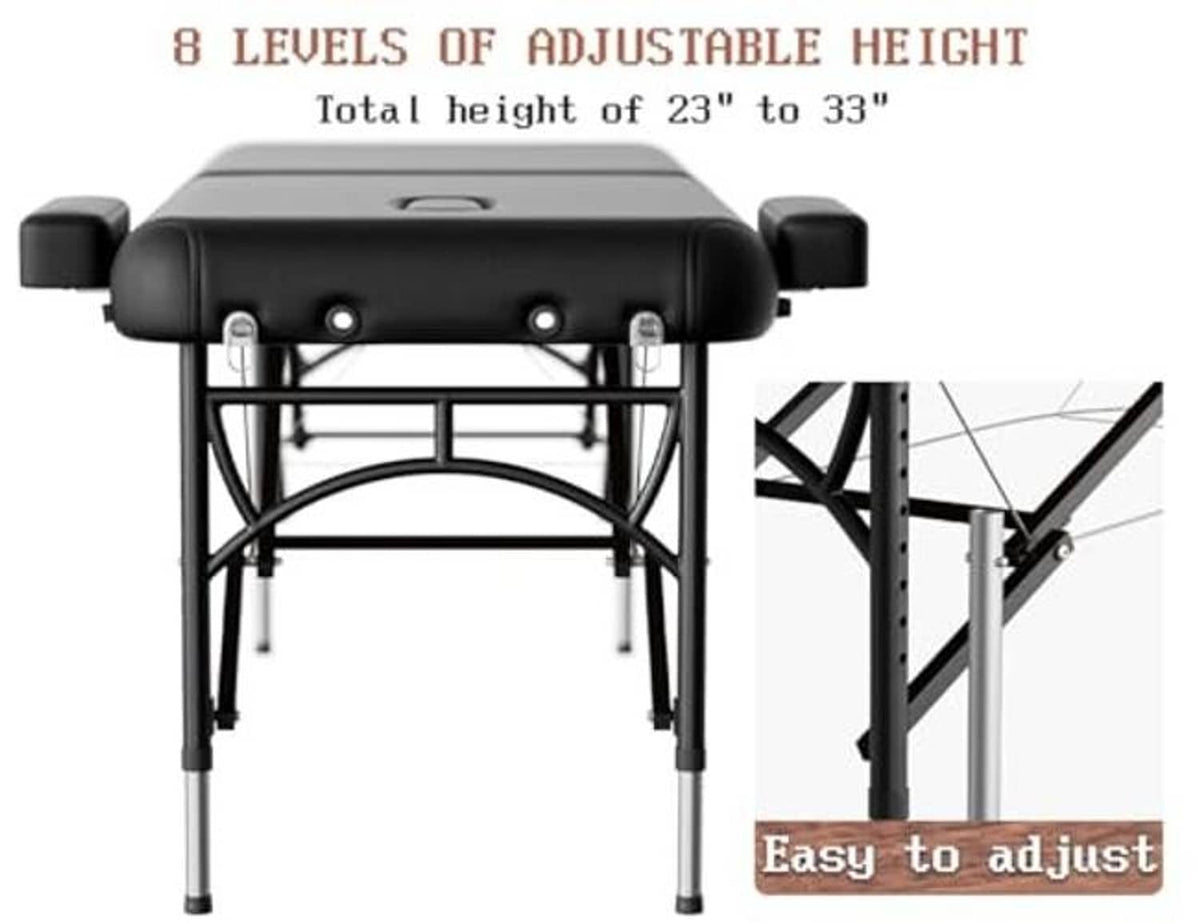 Massage table with adjustable height legs and black padded top, front view