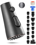 Pull-down kitchen faucet spray head with round control button and multi-hole nozzle