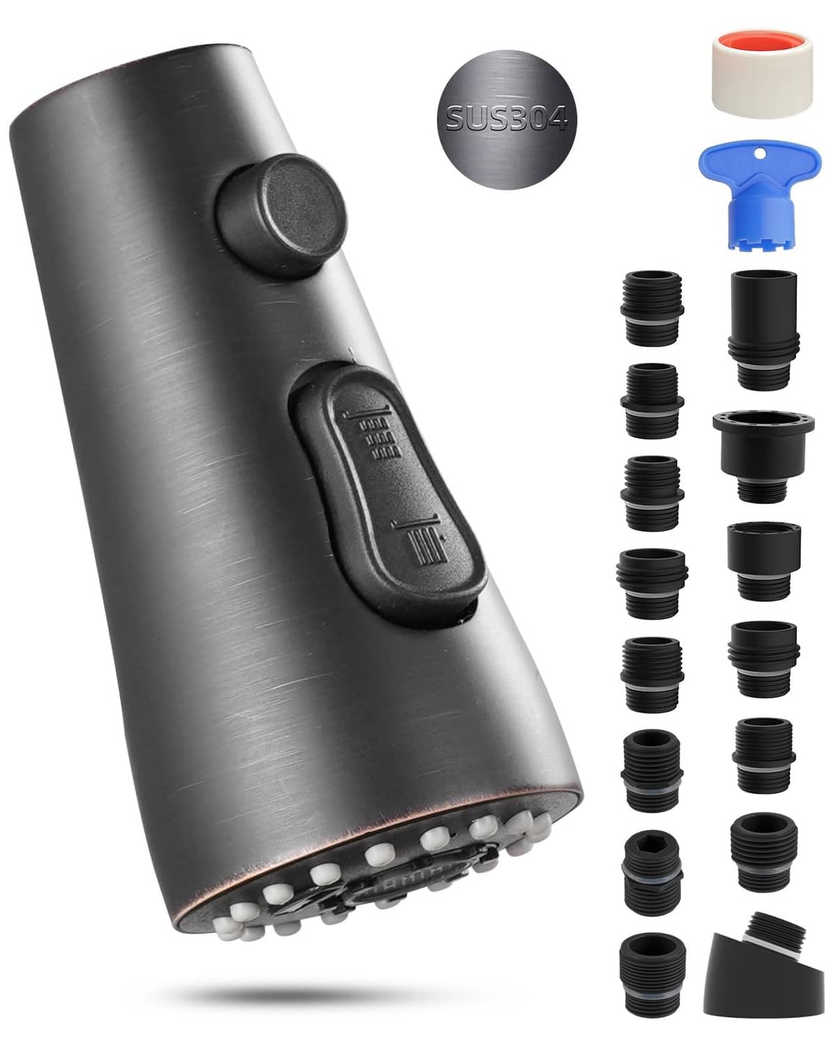 Pull-down kitchen faucet spray head with round control button and multi-hole nozzle
