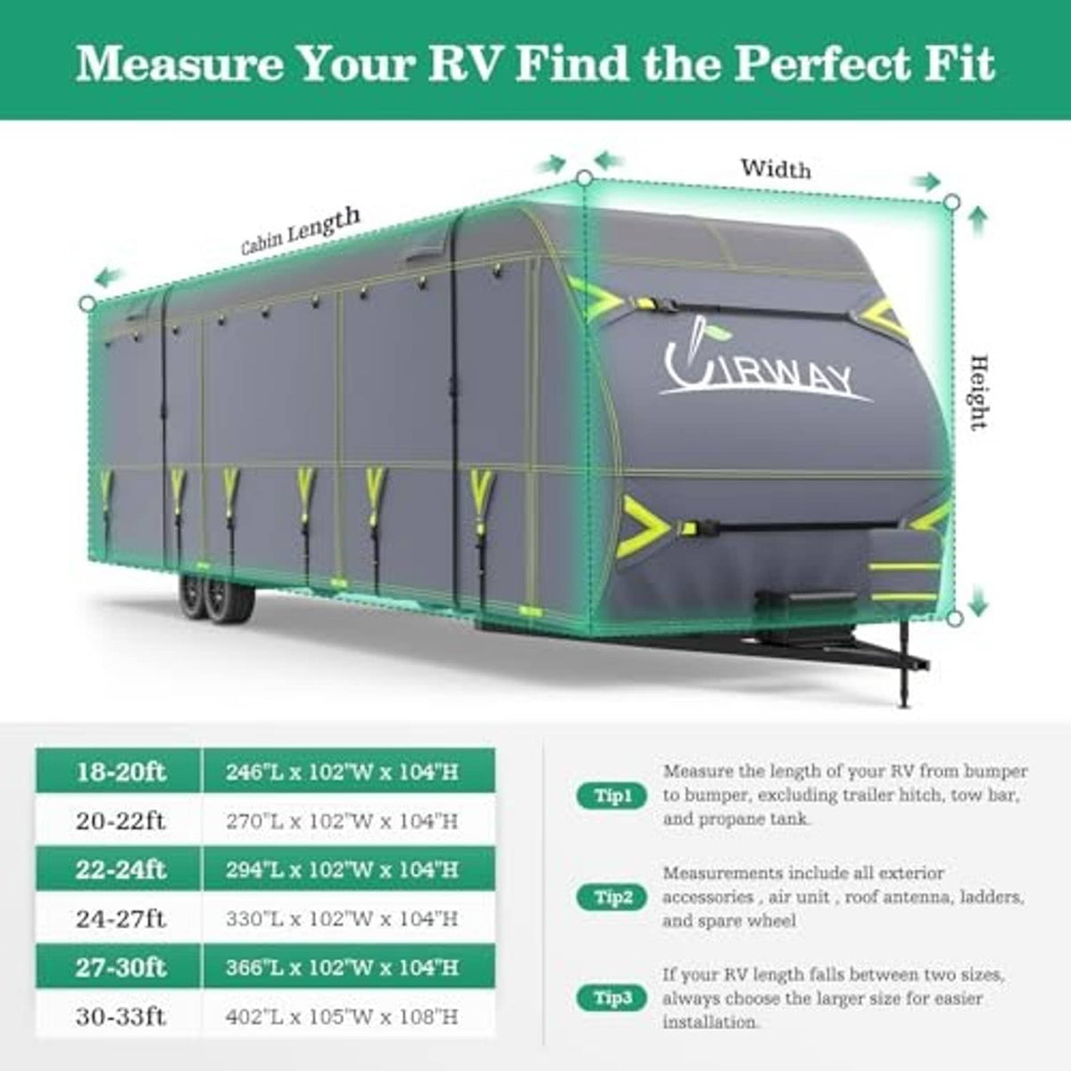 Gray RV trailer cover with measurement diagram showing cabin length, width, and height.