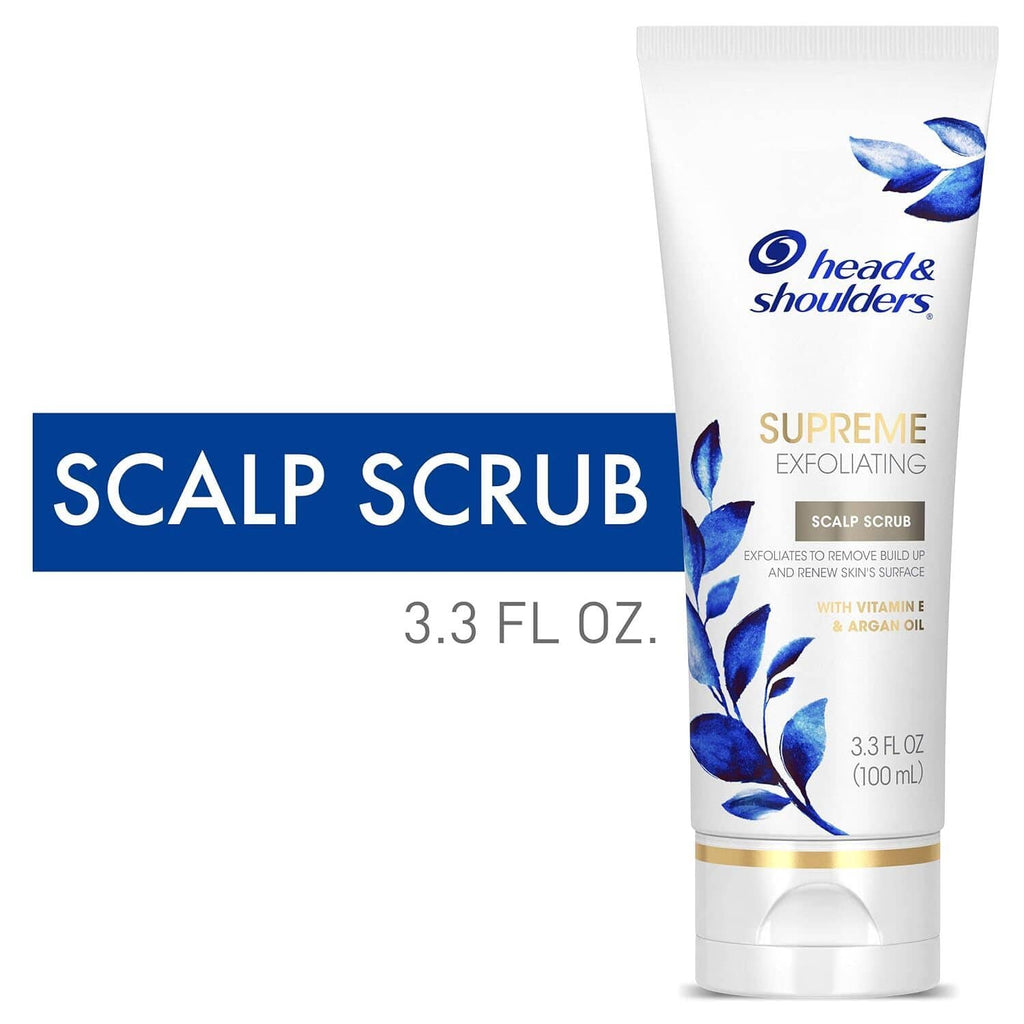 head & shoulders Supreme scalp scrub tube, 3.3 fl oz, white with blue botanical print