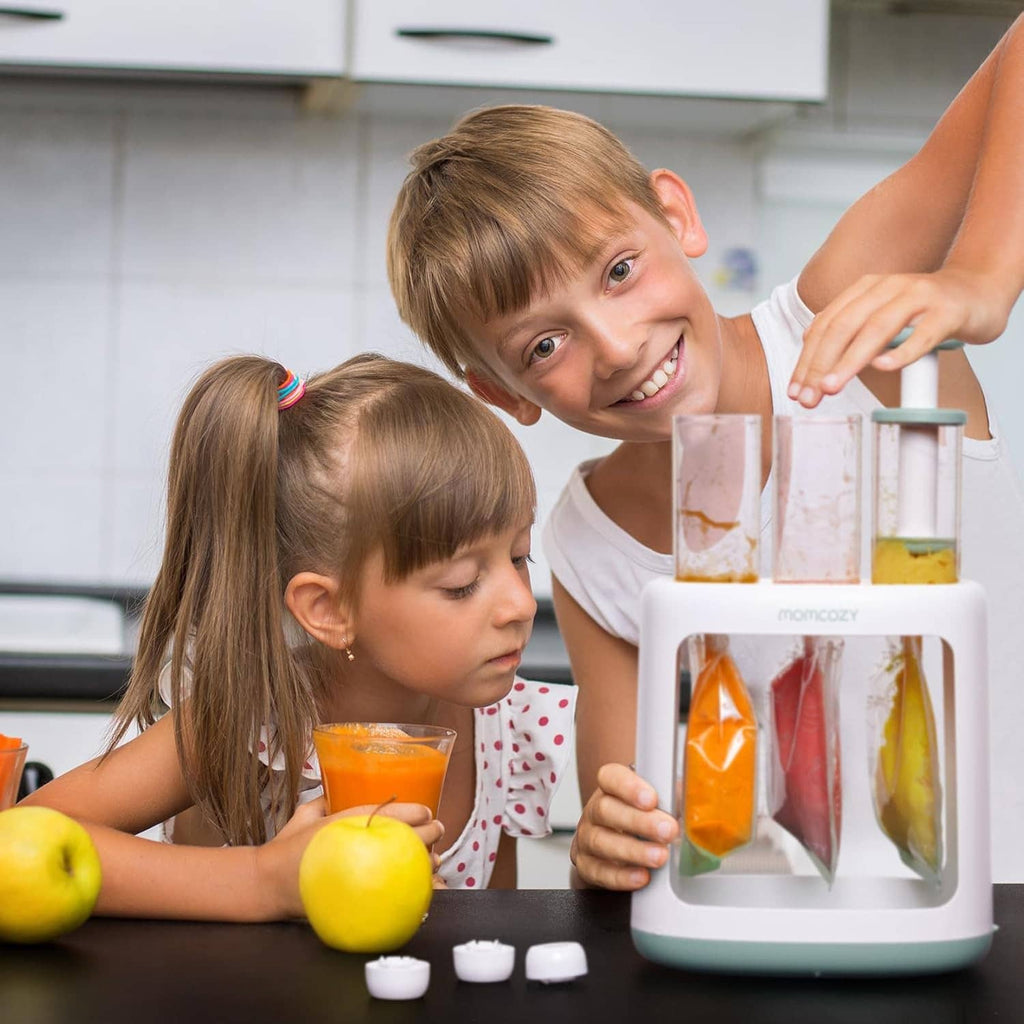 Baby food pouch filler squeeze station in a kitchen with two children