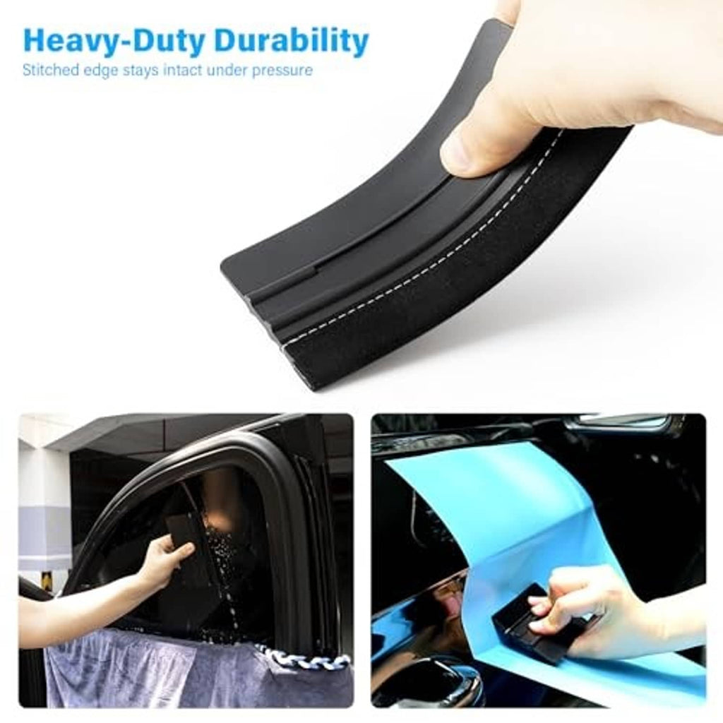 Black stitched-edge vinyl squeegee with felt buffer, curved film smoothing tool