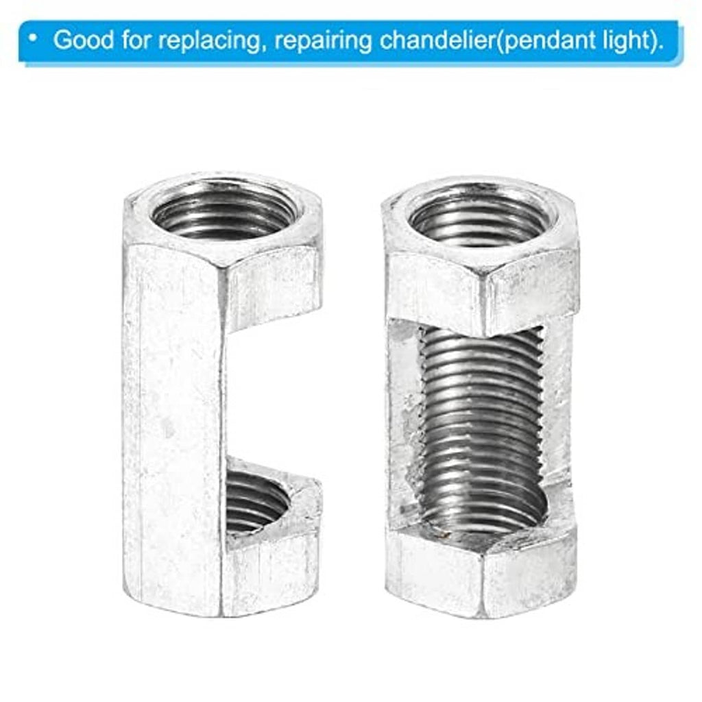 Two zinc-plated hex coupling nuts with internal threads, suitable for lamp hardware