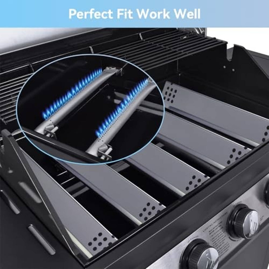 Stainless steel grill burner covers with blue gas flame