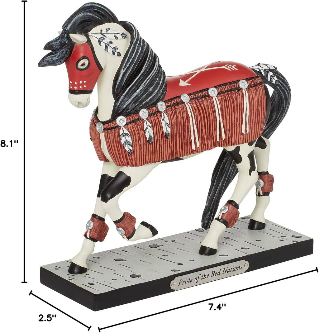 Painted horse figurine with size diagram, red saddle blanket and white fringe, on speckled base