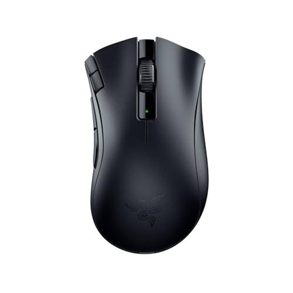Black ergonomic gaming mouse top view with central scroll wheel and logo