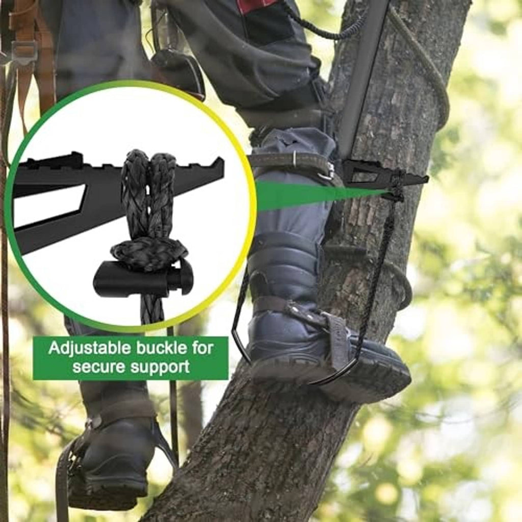 Single-step climbing stick aider on a tree with curved step under boots