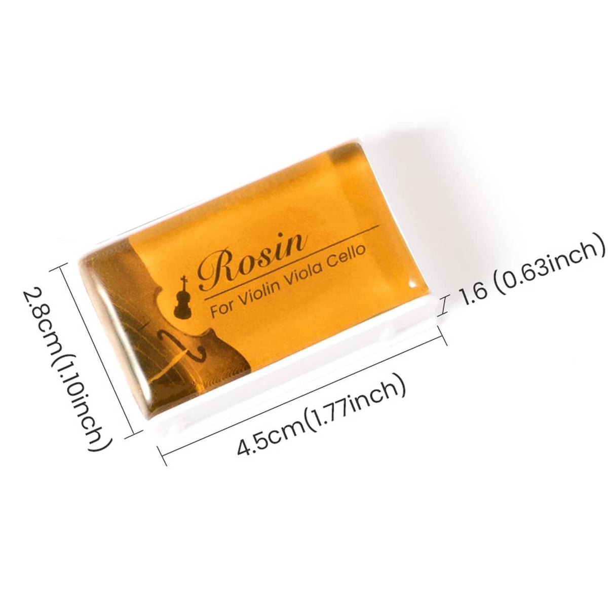 Gold-brown rosin block in white holder, for violin viola cello (size shown)