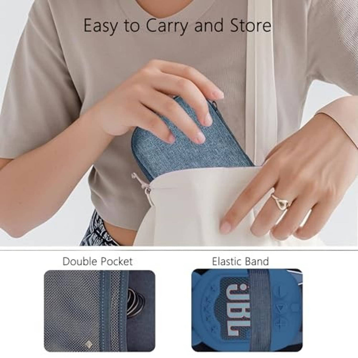 Blue zippered hard EVA case with mesh pocket and silicone speaker cover