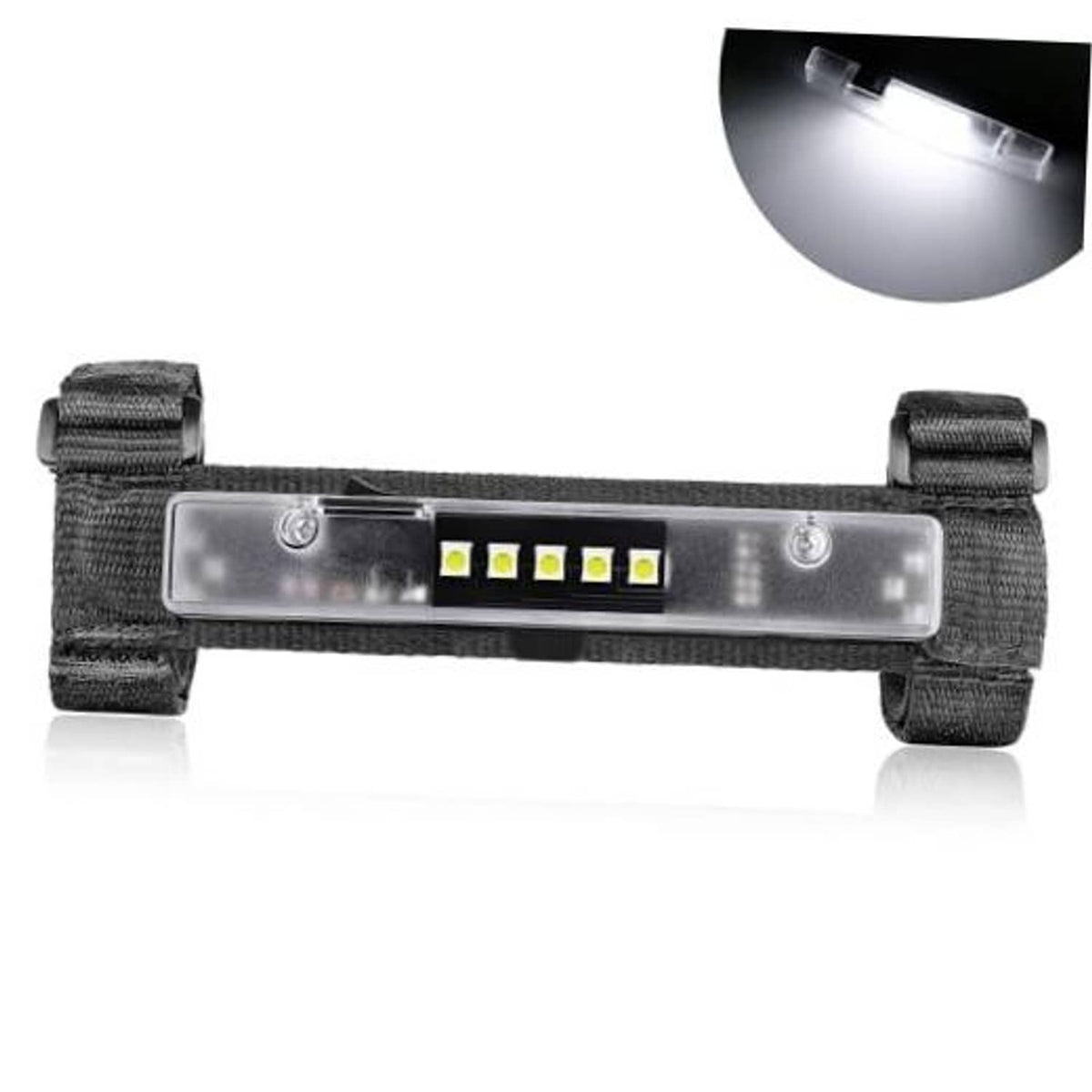 Universal LED light bar with clear lens and black strap mount, 5-chip strip LEDs