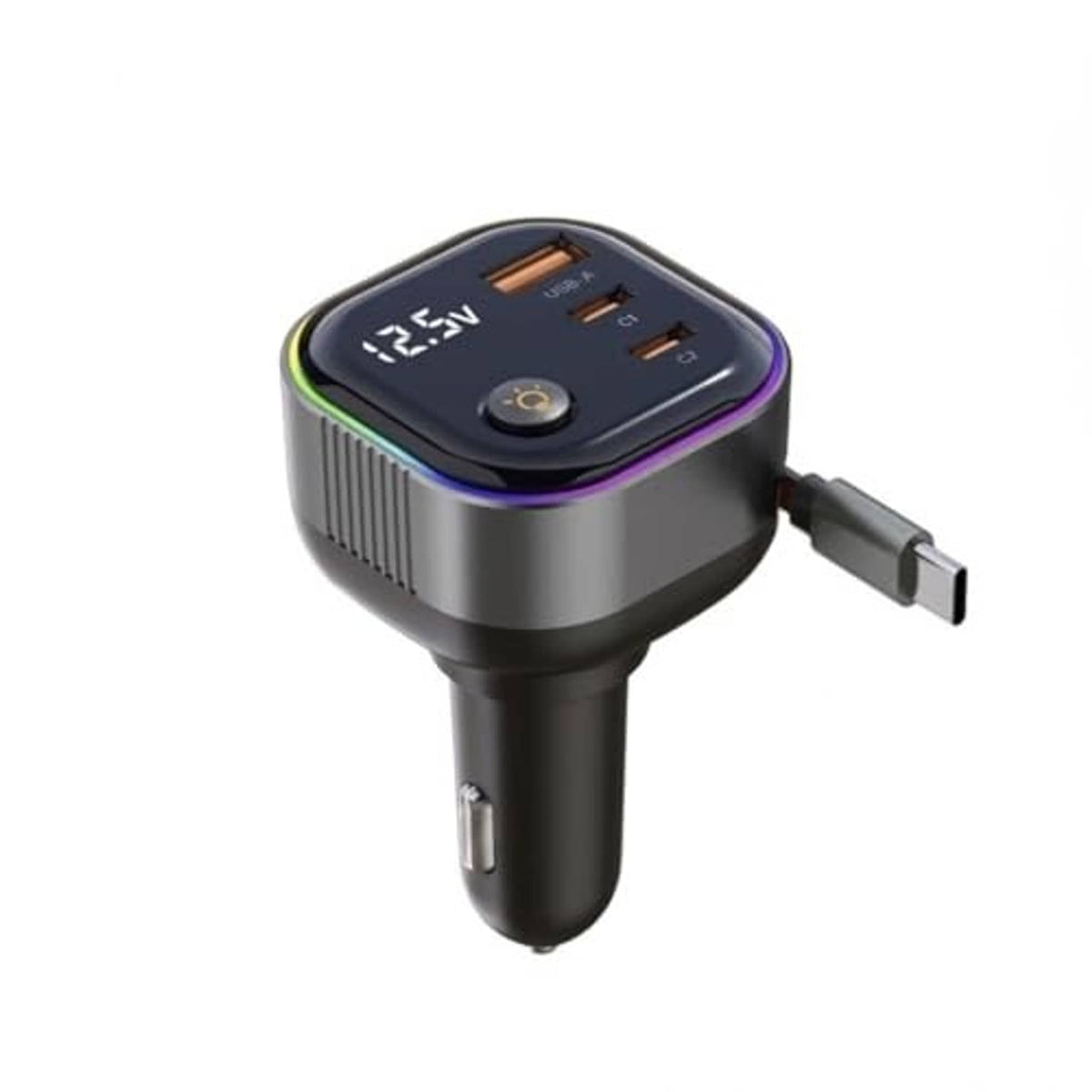 Compact retractable USB-C car charger with digital display and USB ports