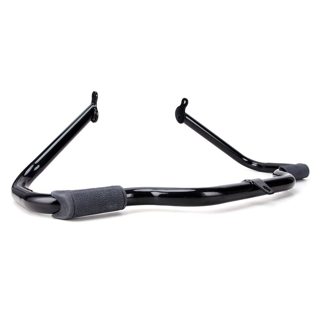 Motorcycle engine crash guard bar with gray grip pads and top mounting brackets