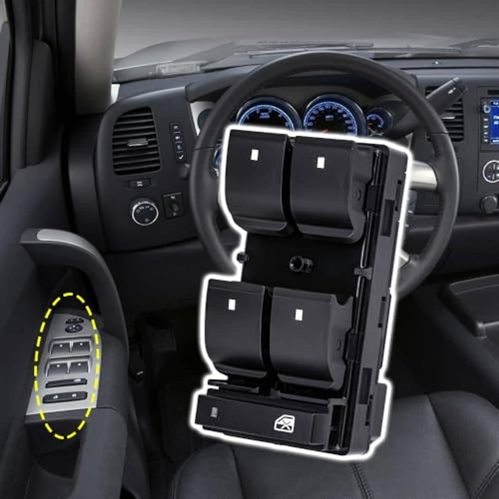 Black power window switch module shown near car steering wheel interior