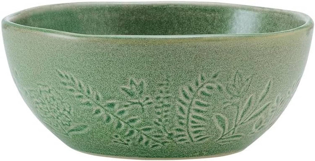 Green embossed serving bowl with botanical pattern along the front