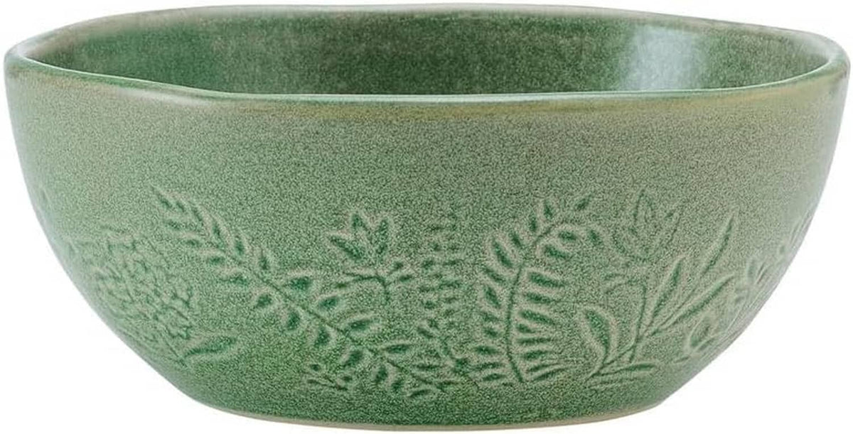 Green embossed serving bowl with botanical pattern along the front