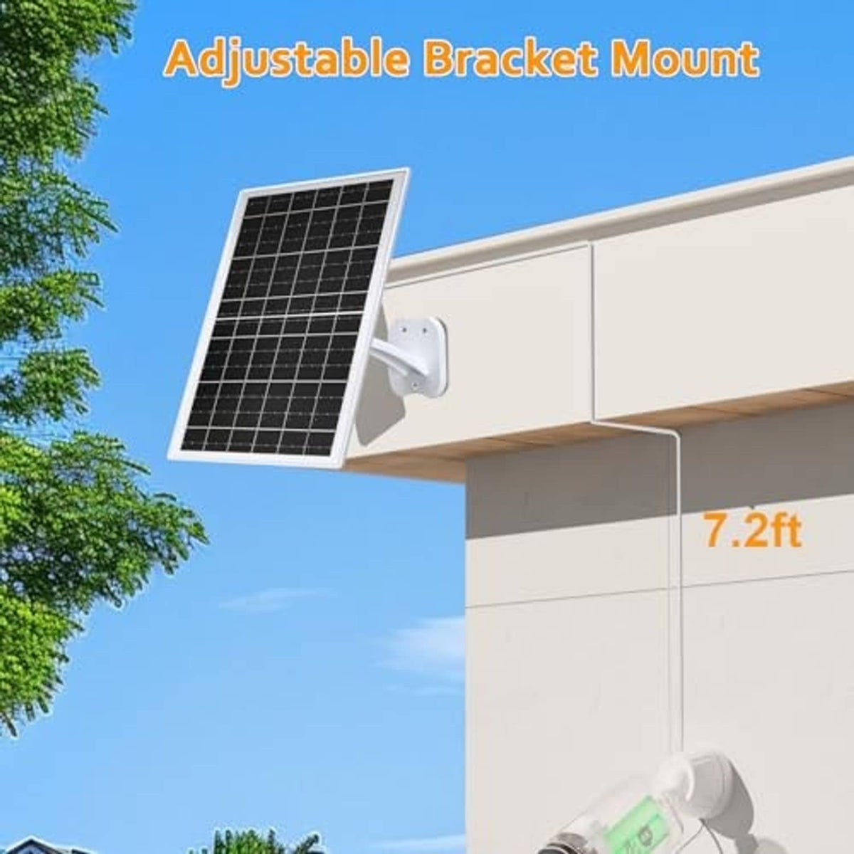 Solar panel charger installed on adjustable bracket mount under a roof eave with white cable