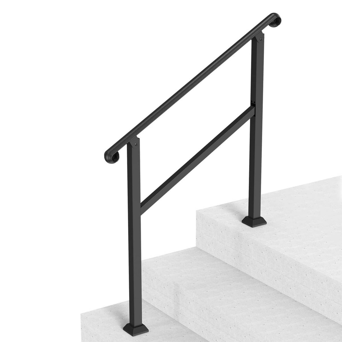 Black wrought iron stair handrail with vertical posts and slanted support rail
