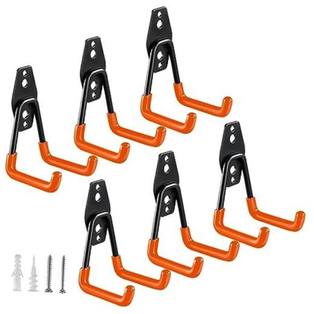Six-pack small U garage hooks with black plates and orange U-shaped ends