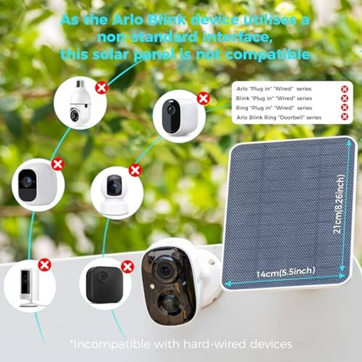 Solar panel with dark textured surface and white mount, shown with charging interface icons