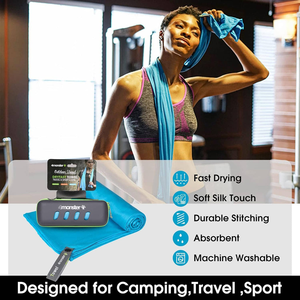 Blue microfiber travel towel and compact case shown on person