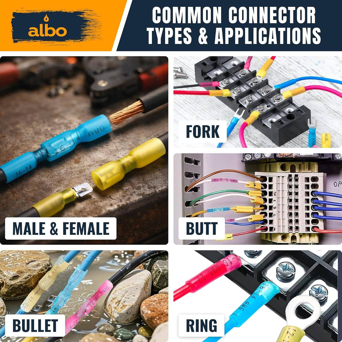 Assorted heat shrink connector types: male & female, butt, bullet, and ring terminals