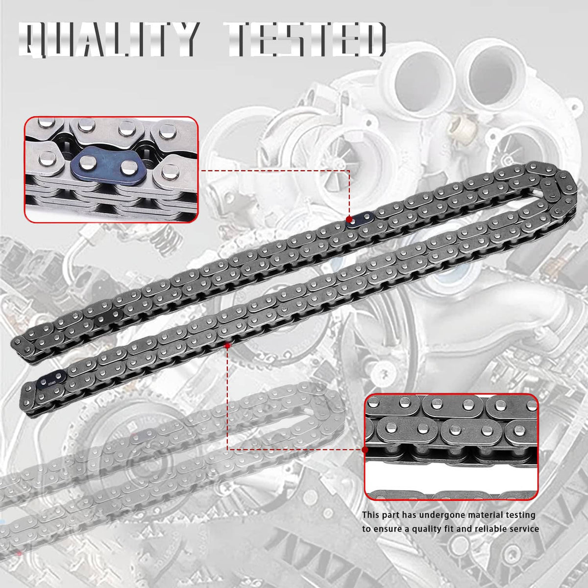 Timing chain assembly with metal chain links and tension guide hardware