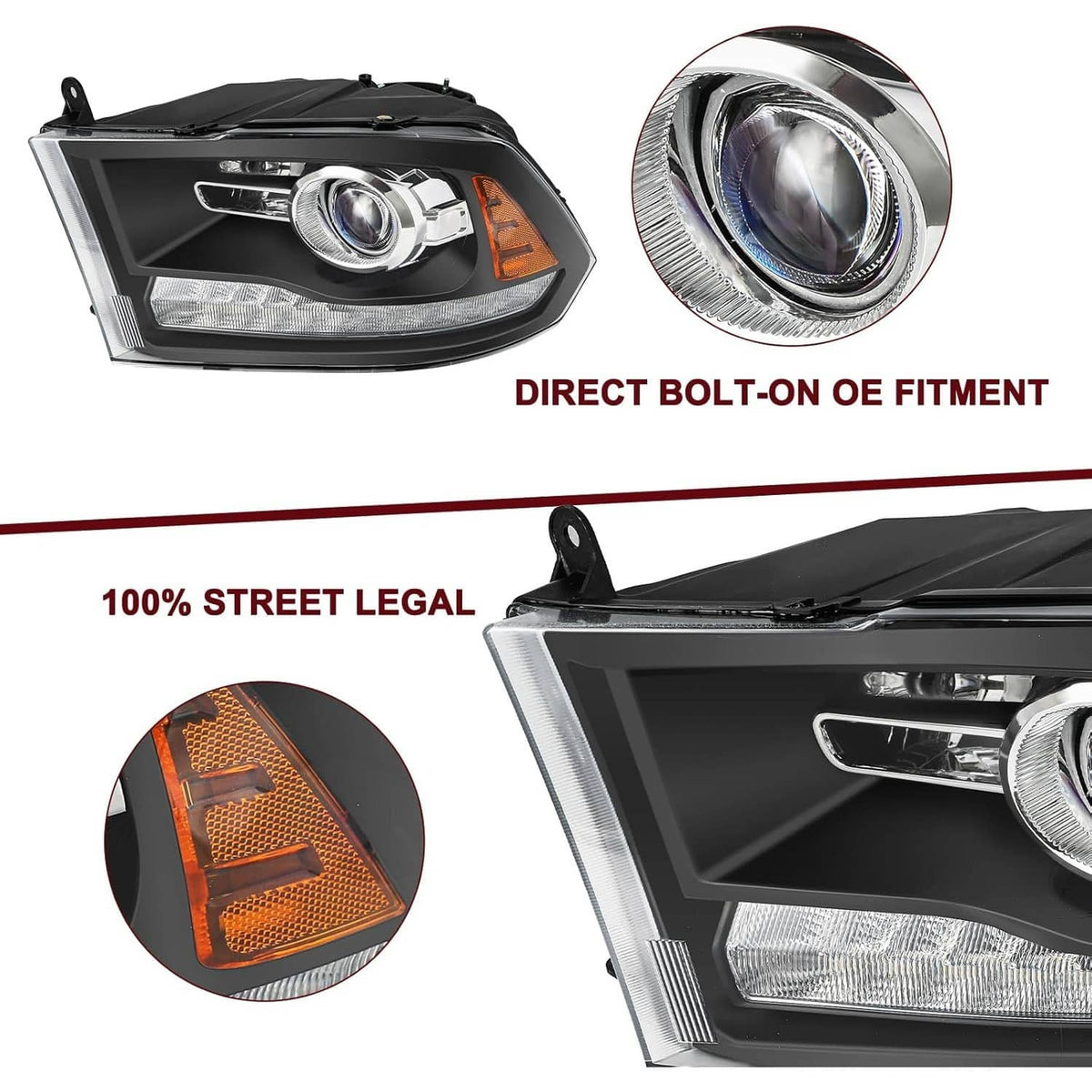 Black projector headlight pair with amber reflector sections, direct bolt-on OE fitment