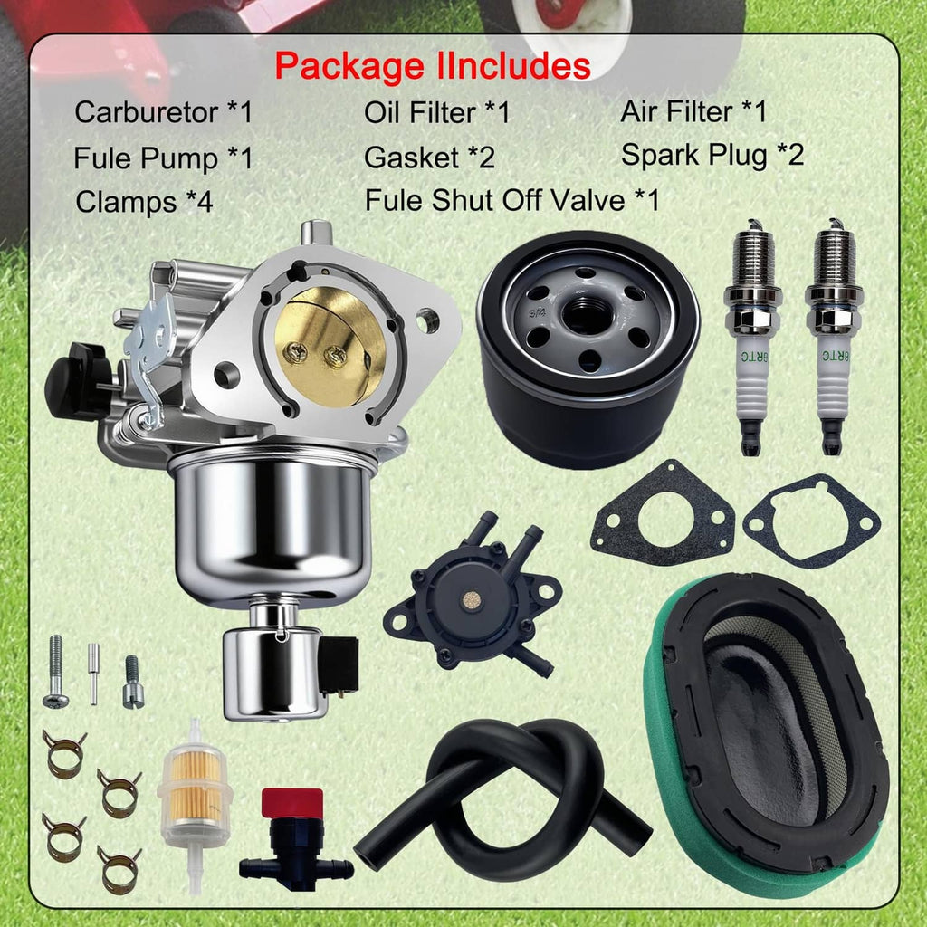 Carburetor kit contents: metal carburetor, air filter, oil filter, gaskets, fuel shutoff valve